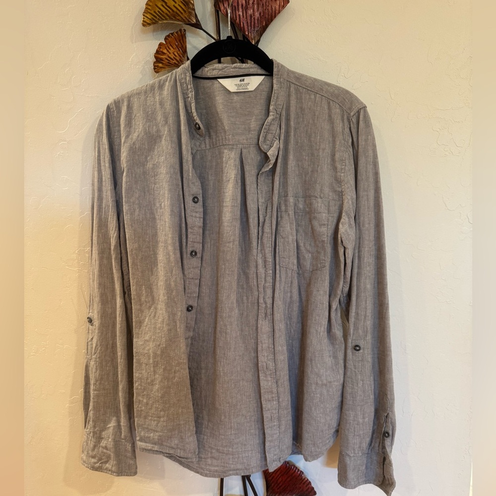 H&M Boys Cotton Linen Blend Tab Collar Long Sleeve Shirt